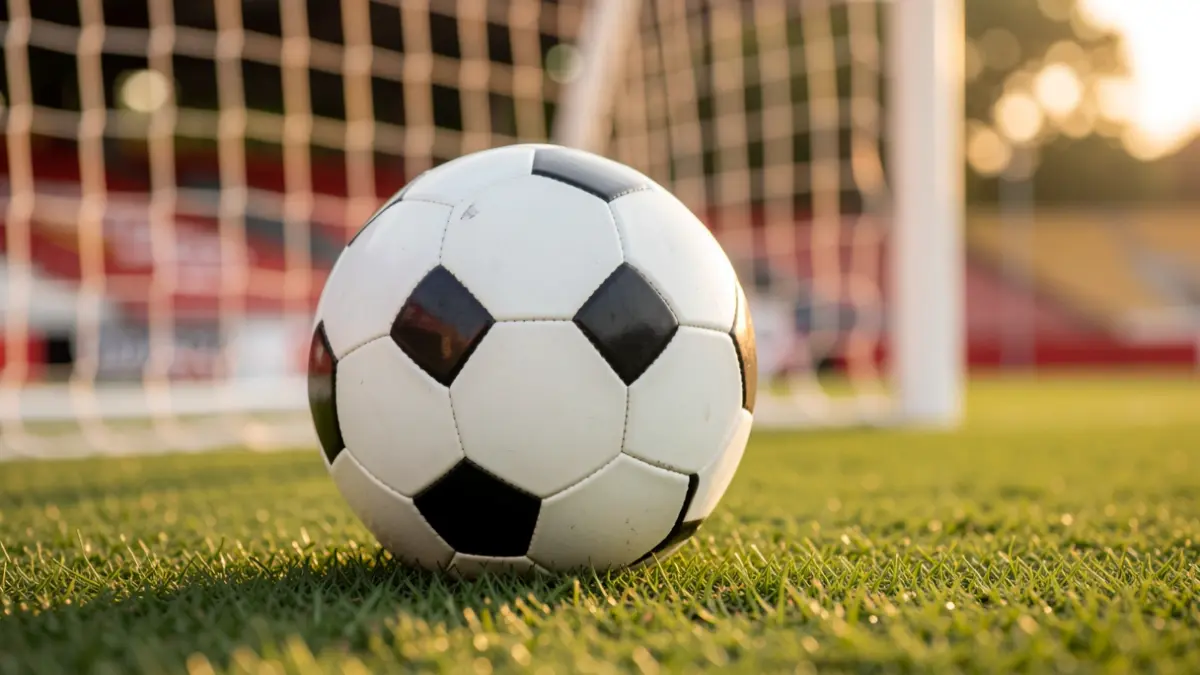 Generic image of a soccer ball on grass with the goal blurred in the background.