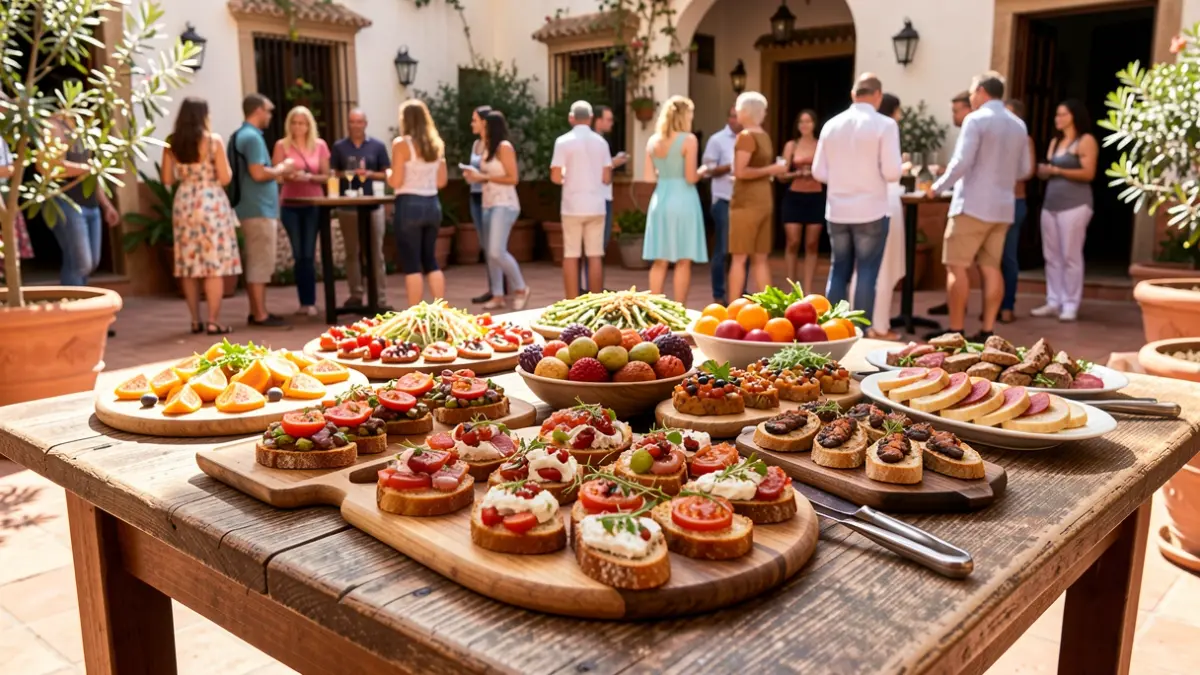 Imagen de una variedad de tapas creativas dispuestas en una mesa de madera rústica en un patio andaluz soleado, con un ambiente festivo.