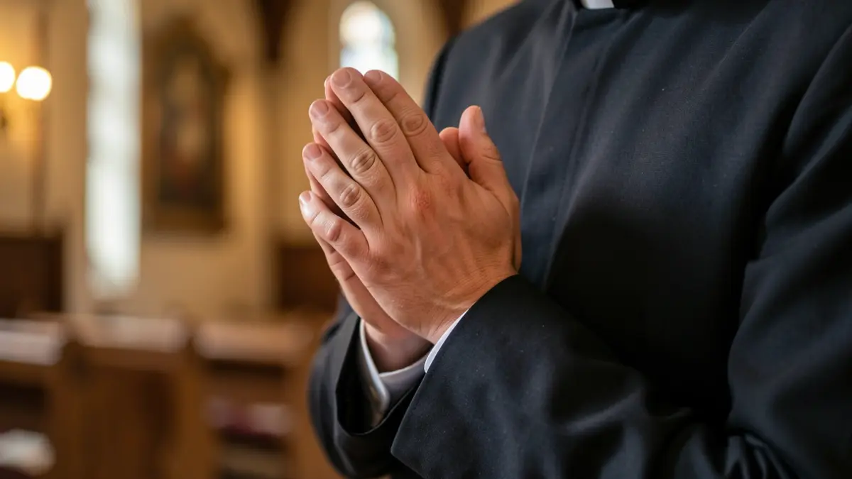 Primer plano de las manos de un sacerdote rezando en el interior de una iglesia.