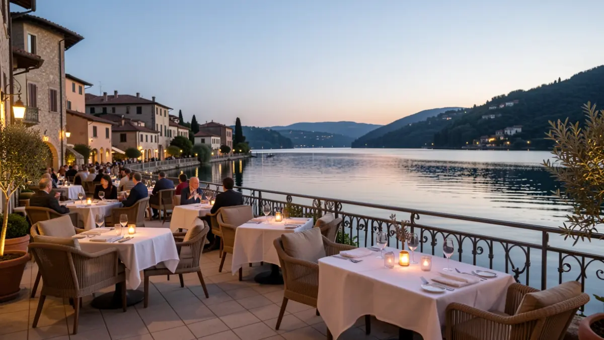 Imagen genérica de una terraza de restaurante con vistas a un lago al atardecer.