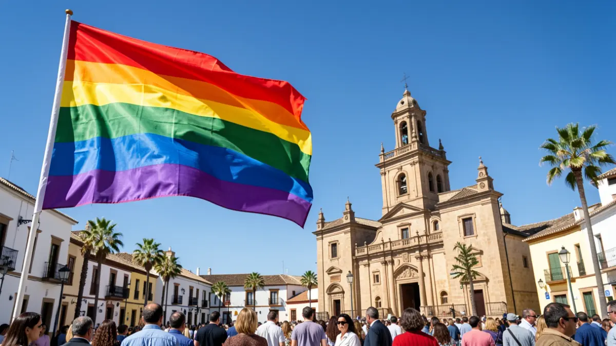 Rainbow flag waving in an Andalusian square.