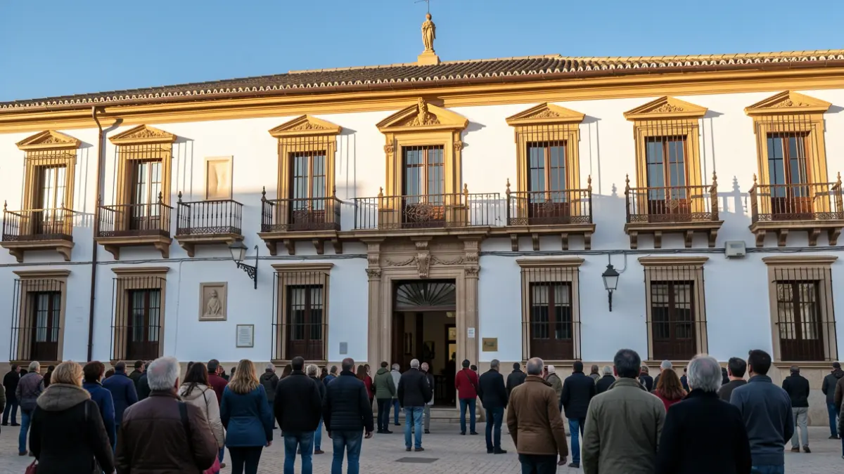 Facade of an Andalusian town hall with ornate balconies and white walls under the afternoon sun.