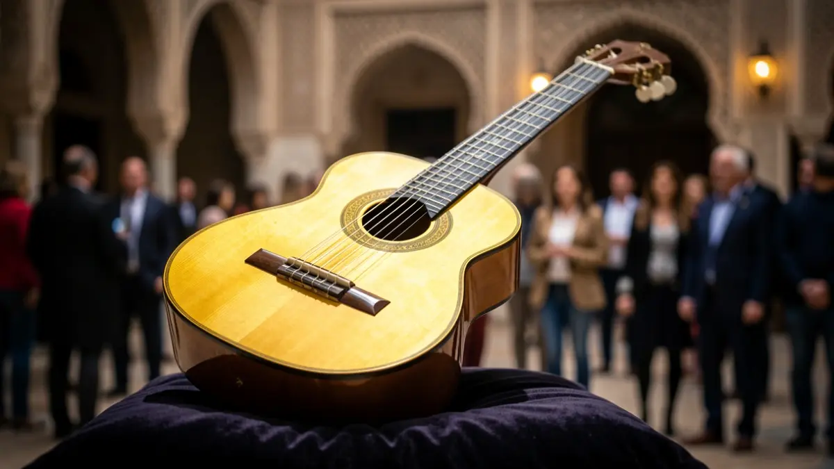 Primer plano de una guitarra flamenca dorada sobre un cojín de terciopelo.