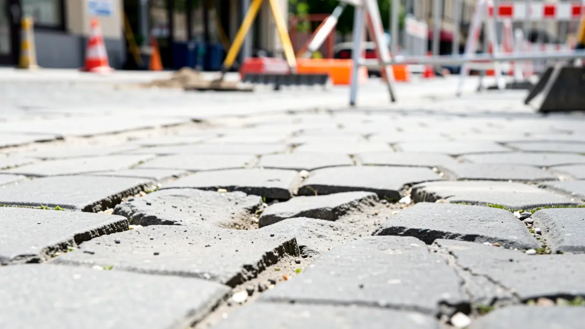 Imagen de acerado deteriorado y obras de reparación en una calle de San Fernando.