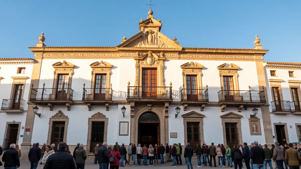 Fachada del Ayuntamiento de San Fernando, Andalucía, con balcones ornamentados y paredes blancas, bajo la luz del sol de la tarde.