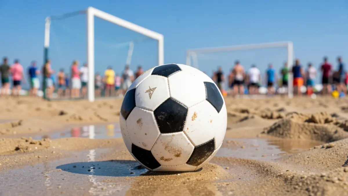 Generic image of a beach soccer ball on the sand.