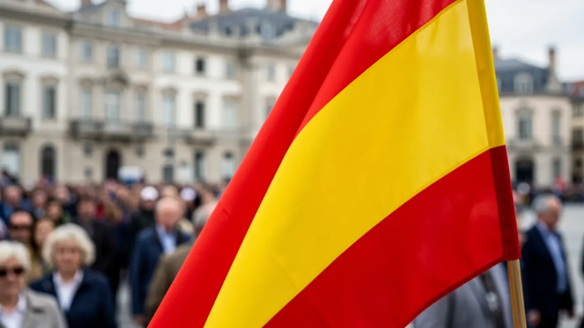 Spanish flags with blurred government buildings in the background.