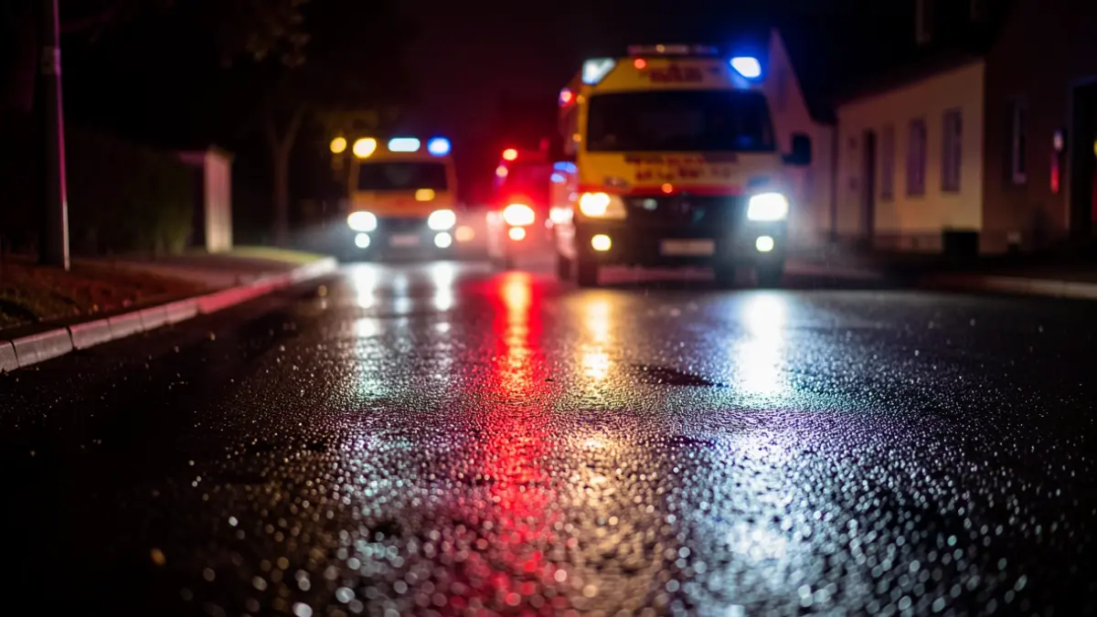 Imagen genérica de luces de ambulancia reflejadas en asfalto mojado por la noche.