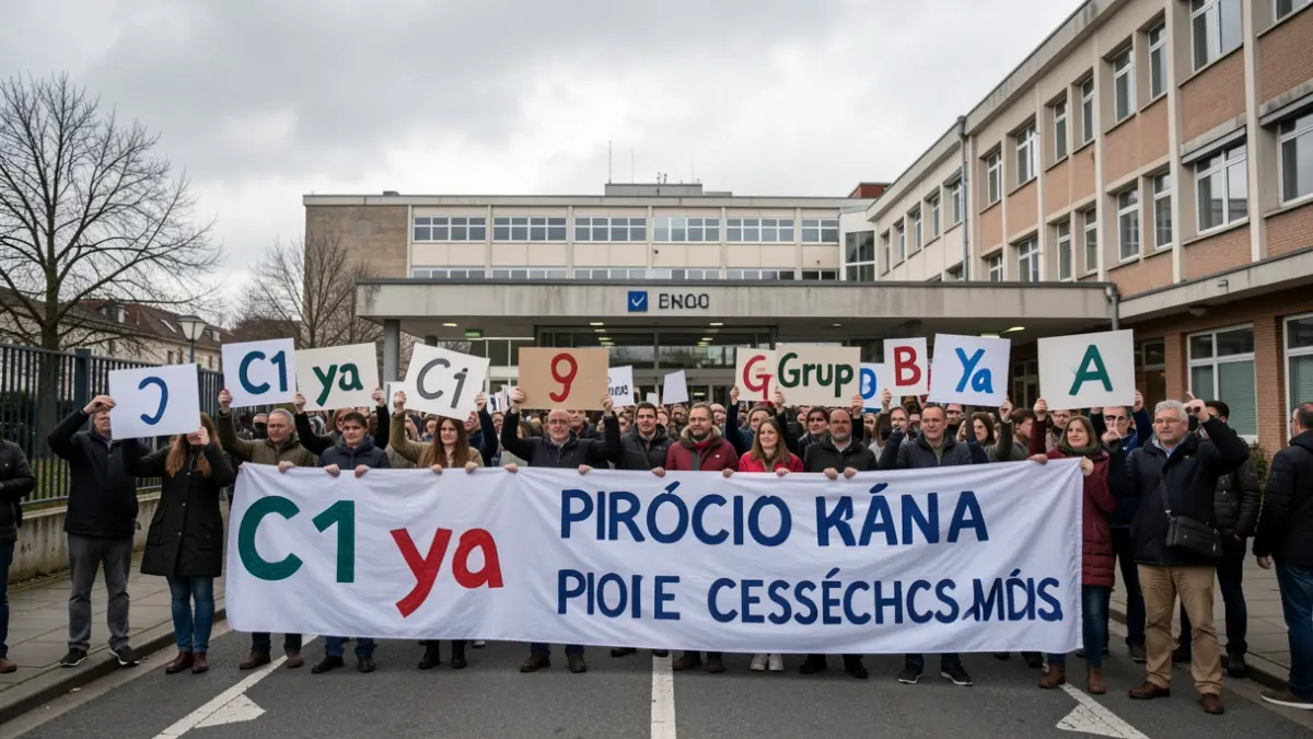 Imagen de profesionales sanitarios concentrados a las puertas de un hospital en Jaén exigiendo reclasificación profesional.
