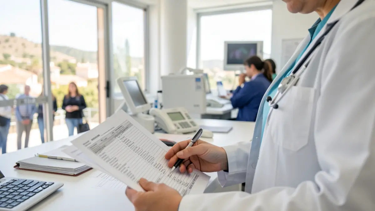 Profesional sanitario revisando documentación en un hospital de Andalucía.