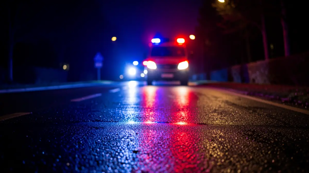 Imagen genérica de luces de emergencia de ambulancia en asfalto mojado por la noche.