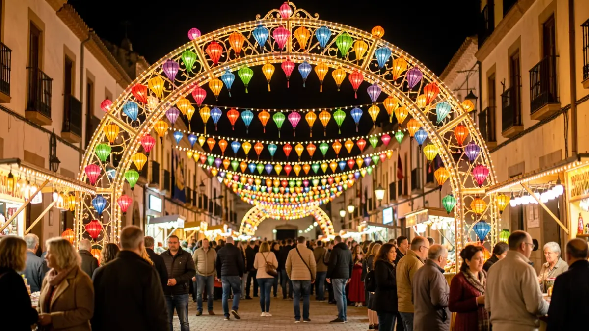 Imagen genérica de la portada iluminada de una feria andaluza por la noche.