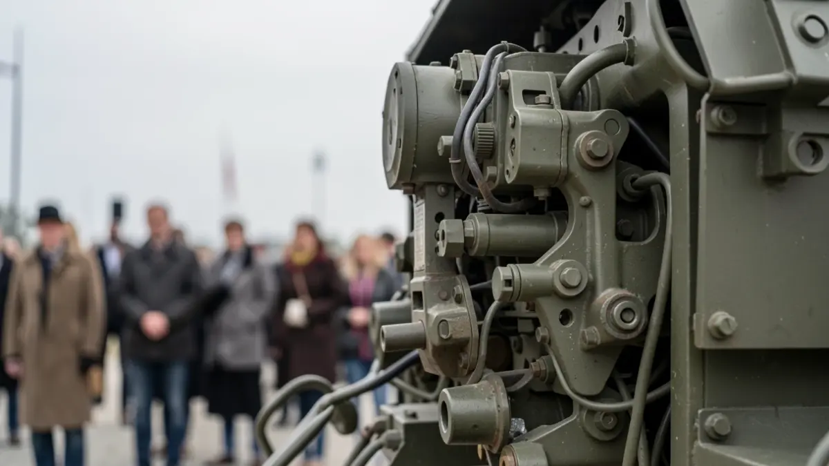 Primer plano de un componente de tanque militar con maquinaria intrincada.
