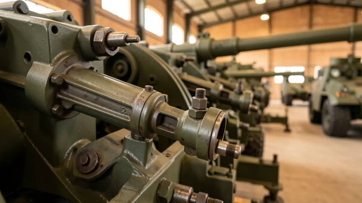 Close-up of industrial machinery for military vehicles and artillery in an Andalusian factory.