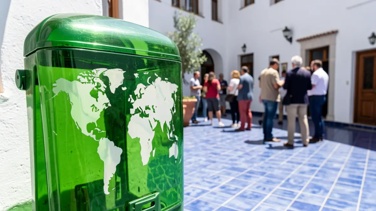 Glass recycling bin decorated with a world map, symbolizing Ecovidrio's 'Reto Mapamundi' campaign, in an Andalusian patio.