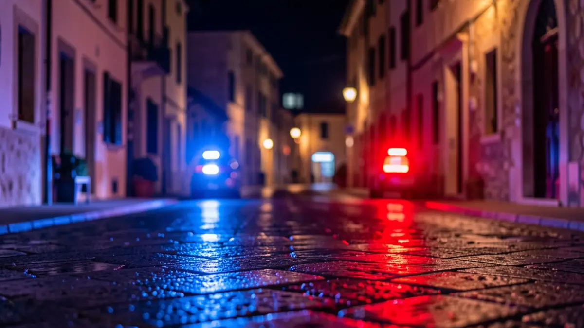 Generic image of police emergency lights reflecting on wet asphalt at night.