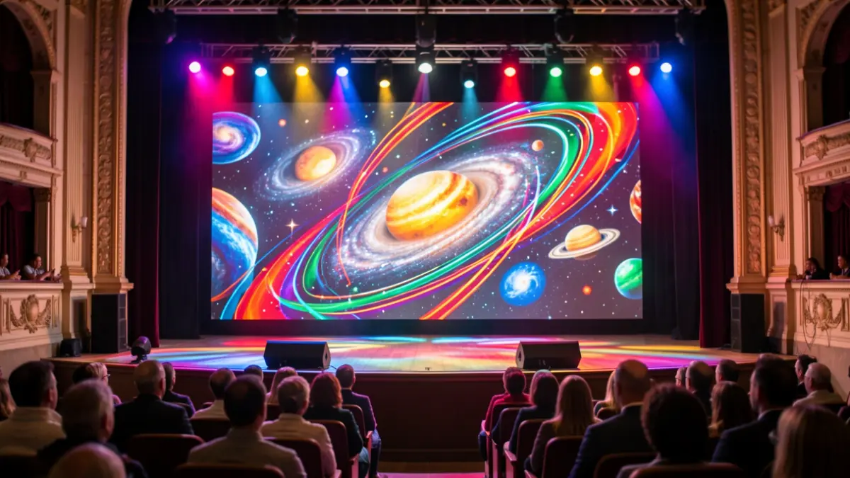 Escenario de espectáculo de humor con luces vibrantes y elementos abstractos.