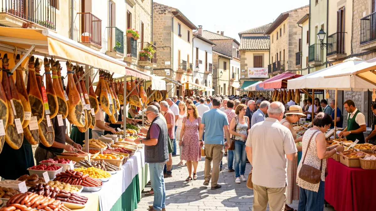 Imagen genérica de una feria gastronómica al aire libre con puestos de jamón y embutidos.