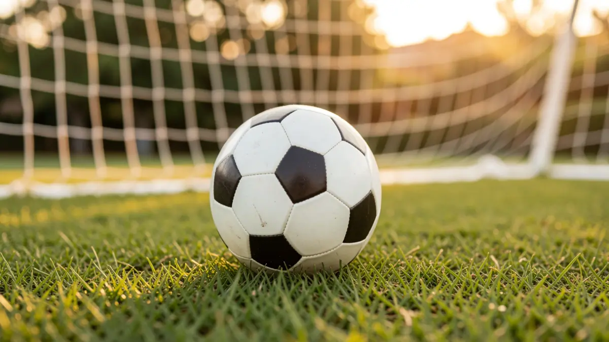 Imagen genérica de un balón de fútbol sobre césped con la portería desenfocada.
