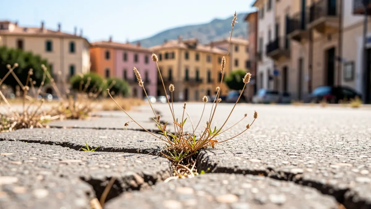 Generic image of cracked asphalt with sparse vegetation under intense sun.