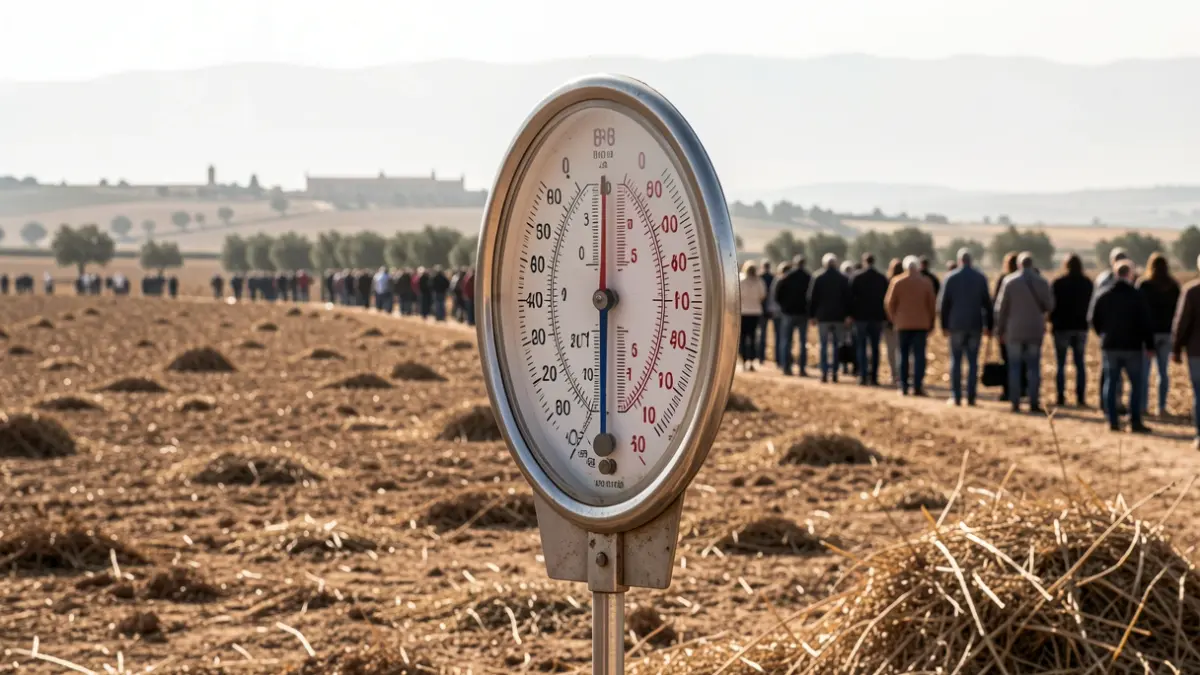 Termómetro marcando alta temperatura en un paisaje seco andaluz.