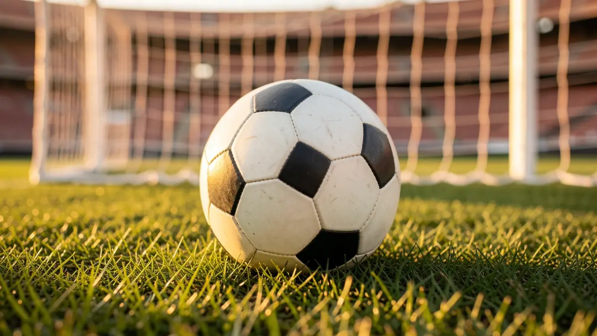 Imagen genérica de un balón de fútbol sobre césped con una portería desenfocada al atardecer.