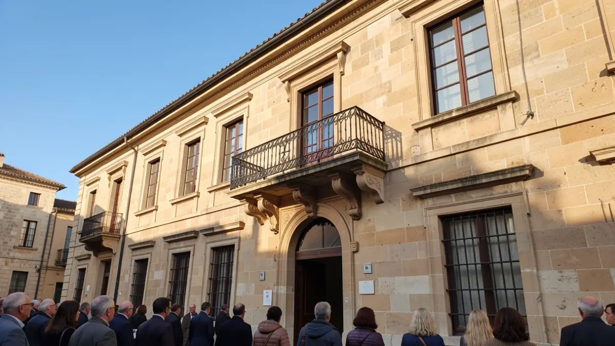 Facade of the Seville City Hall with balcony and iron railings, afternoon sunlight.