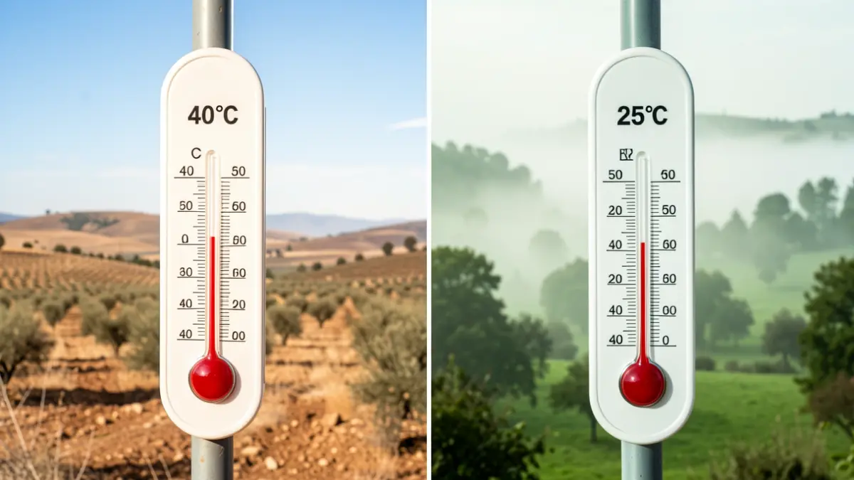 Imagen dividida mostrando un termómetro con alta temperatura en Andalucía y otro con baja temperatura en el norte de España.