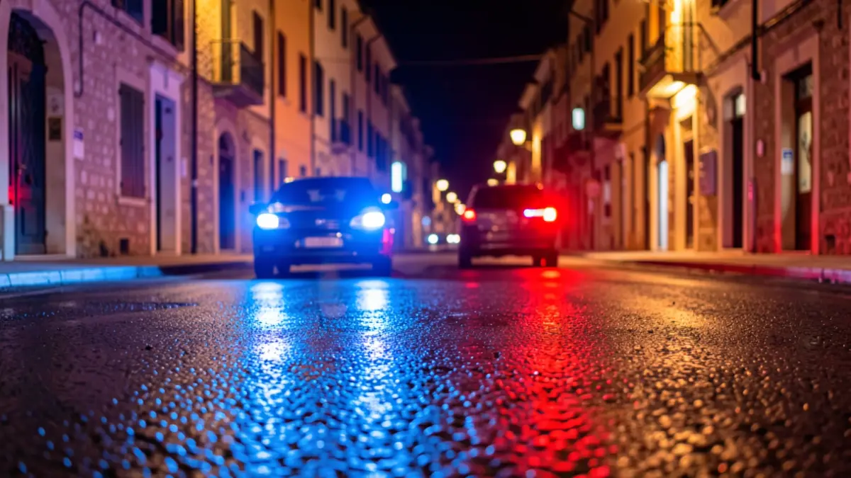 Imagen genérica de luces de emergencia policiales reflejándose en asfalto mojado por la noche.