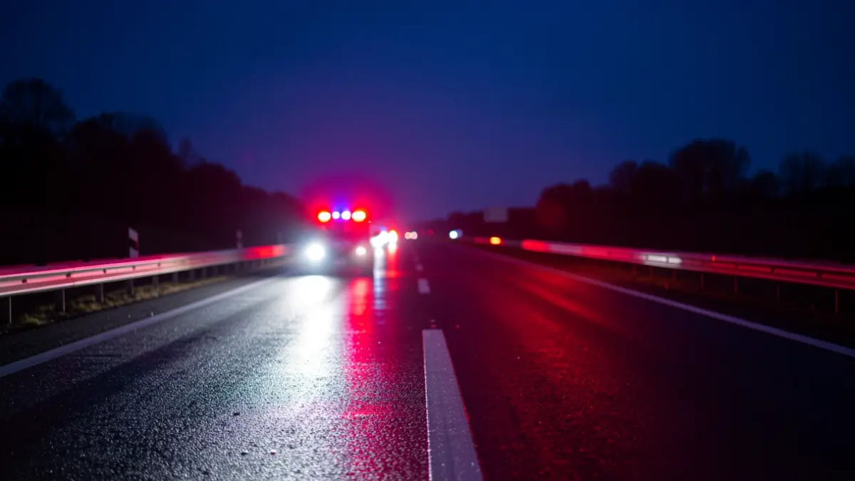 Imagen genérica de luces de emergencia reflejándose en asfalto mojado por la noche en una autopista.