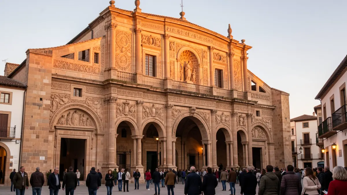 Facade of a historic church in Córdoba illuminated by evening light.