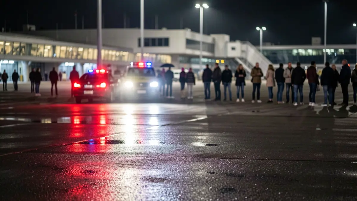 Generic image of emergency lights reflecting on wet asphalt at an airport at night.