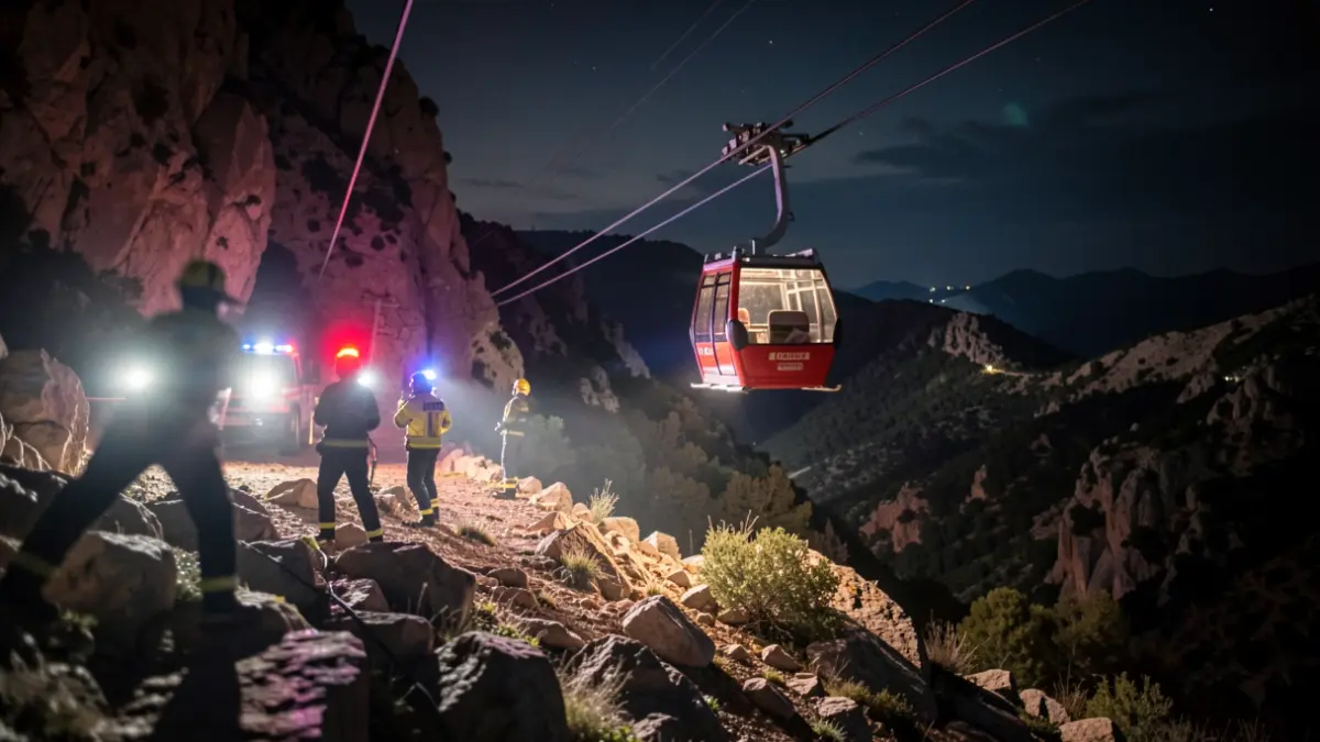 Imagen genérica de un simulacro nocturno de rescate en un teleférico en la montaña.