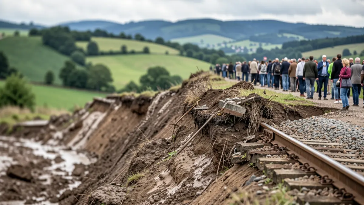 Imagen genérica de una vía de tren dañada por el barro y el desprendimiento de taludes.