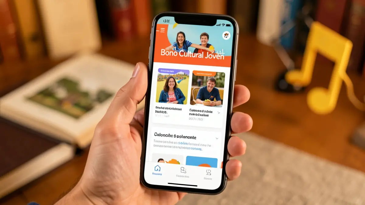 Primer plano de una mano sujetando un smartphone con la web de solicitud del Bono Cultural Joven.