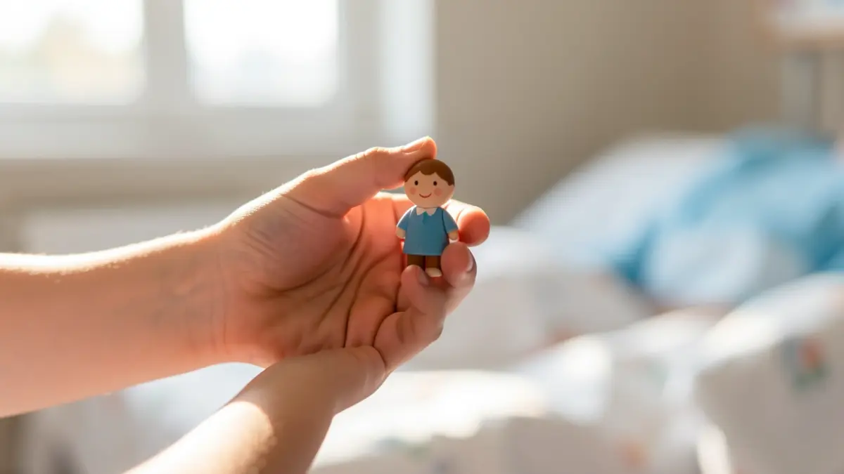 Close-up of a child's hand holding a toy, with a blurred hospital in the background.