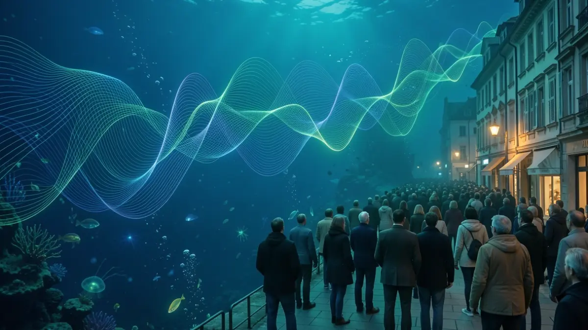 Abstract visualization of underwater soundscapes with sound waves and bioluminescent elements.