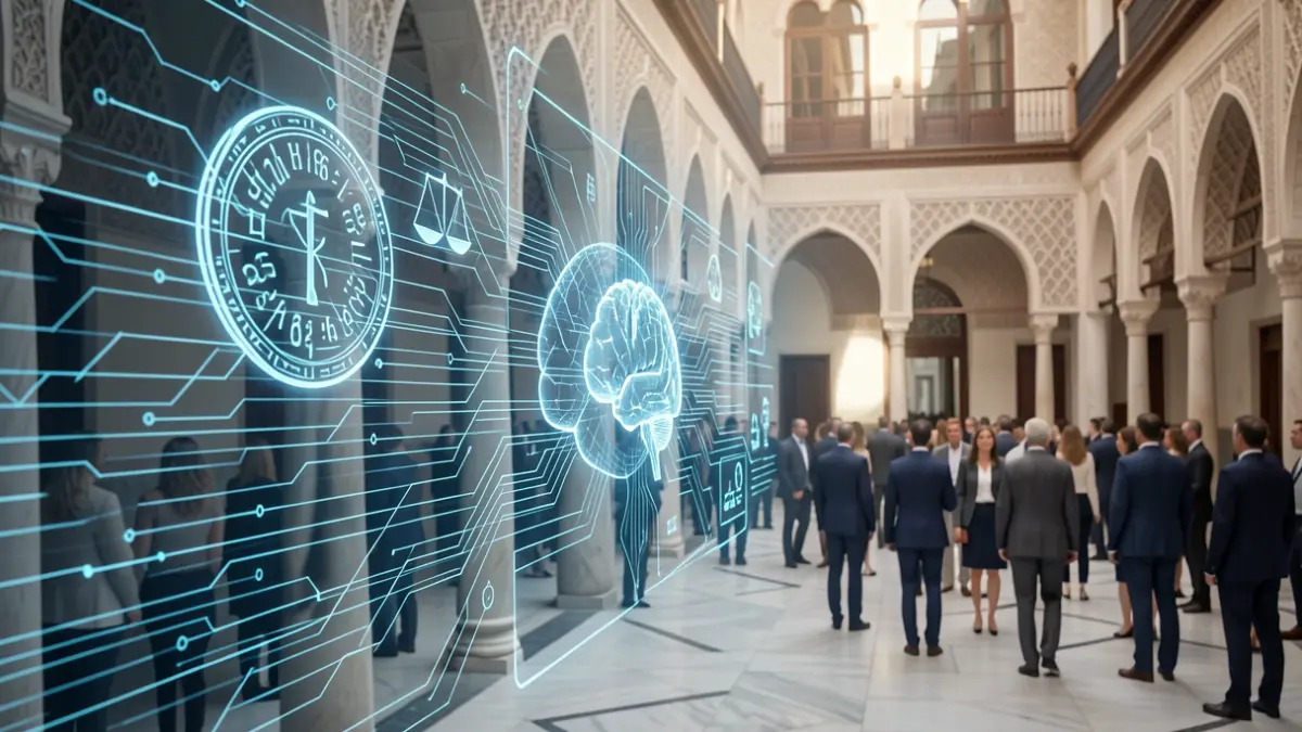 Abstract representation of artificial intelligence and legal documents with Andalusian architectural elements.