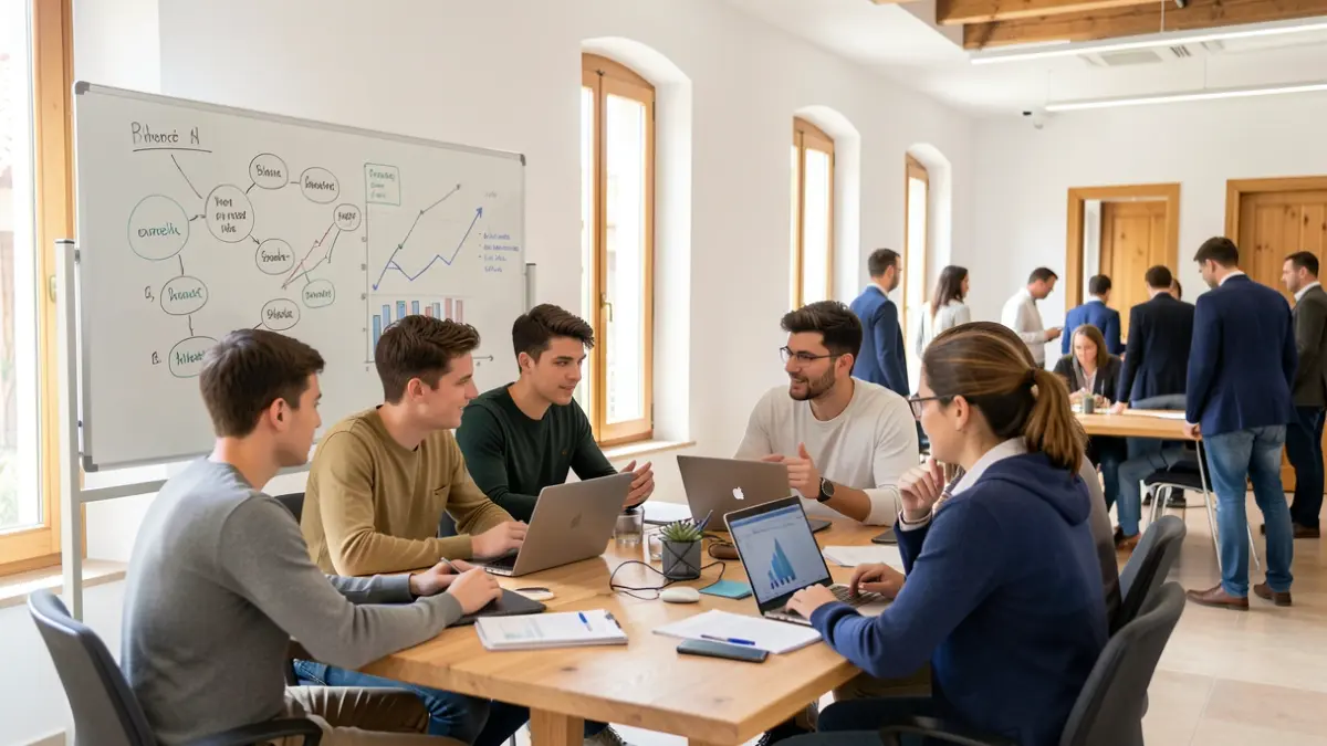 Imagen de un espacio de trabajo moderno y colaborativo con jóvenes profesionales discutiendo alrededor de una mesa con portátiles y documentos, con una pizarra al fondo.