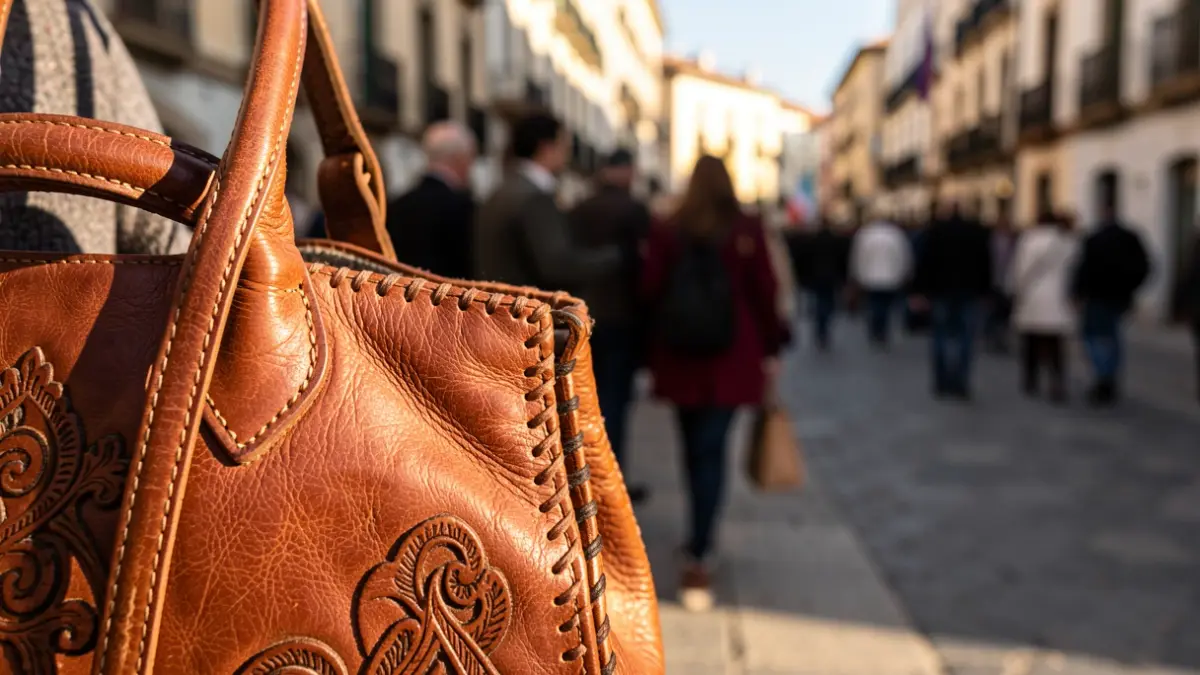 Primer plano de un bolso de piel artesanal andaluz con costuras detalladas.