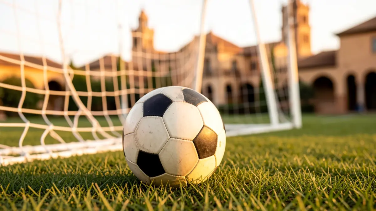 Generic image of a soccer ball on grass with a blurred goal net at sunset.