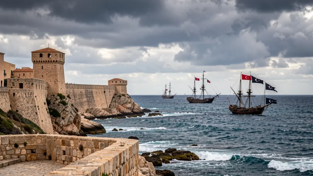 Representación histórica de la costa de Tarifa amenazada por barcos piratas.