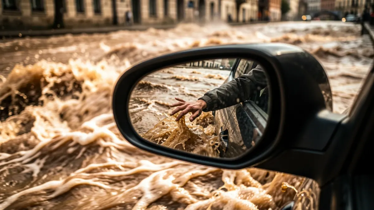 Close-up of a taxi's side mirror reflecting a hand emerging from a turbulent water current.