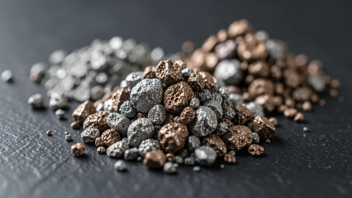 Óxidos de tierras raras con brillo metálico y textura granular.