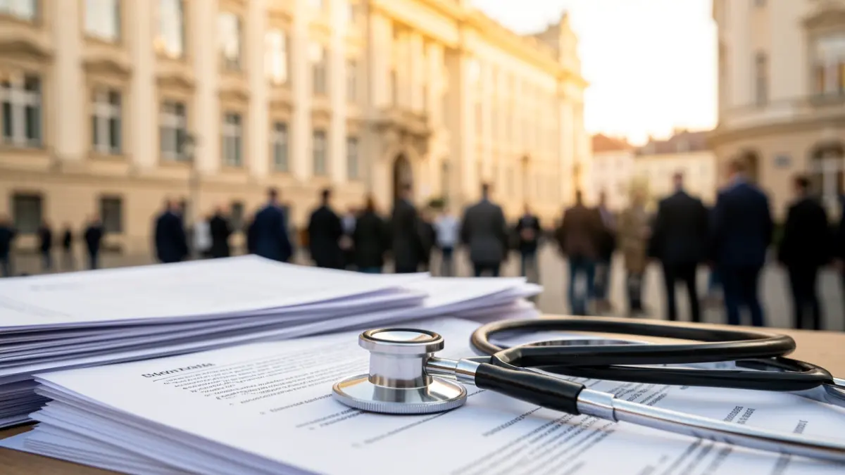 Imagen genérica de un estetoscopio sobre documentos con un hospital al fondo.