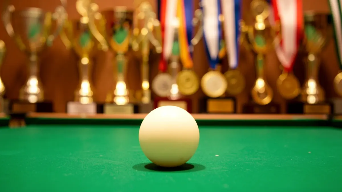 Imagen genérica de una pelota de tenis de mesa sobre una mesa con trofeos desenfocados.
