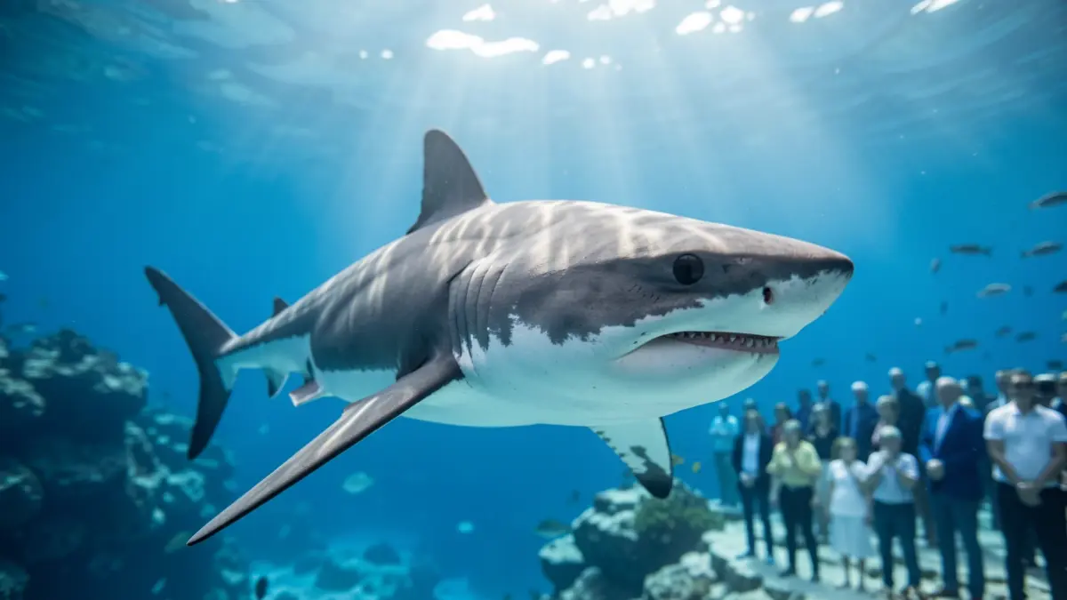 A great white shark swimming in the blue waters of the Mediterranean.