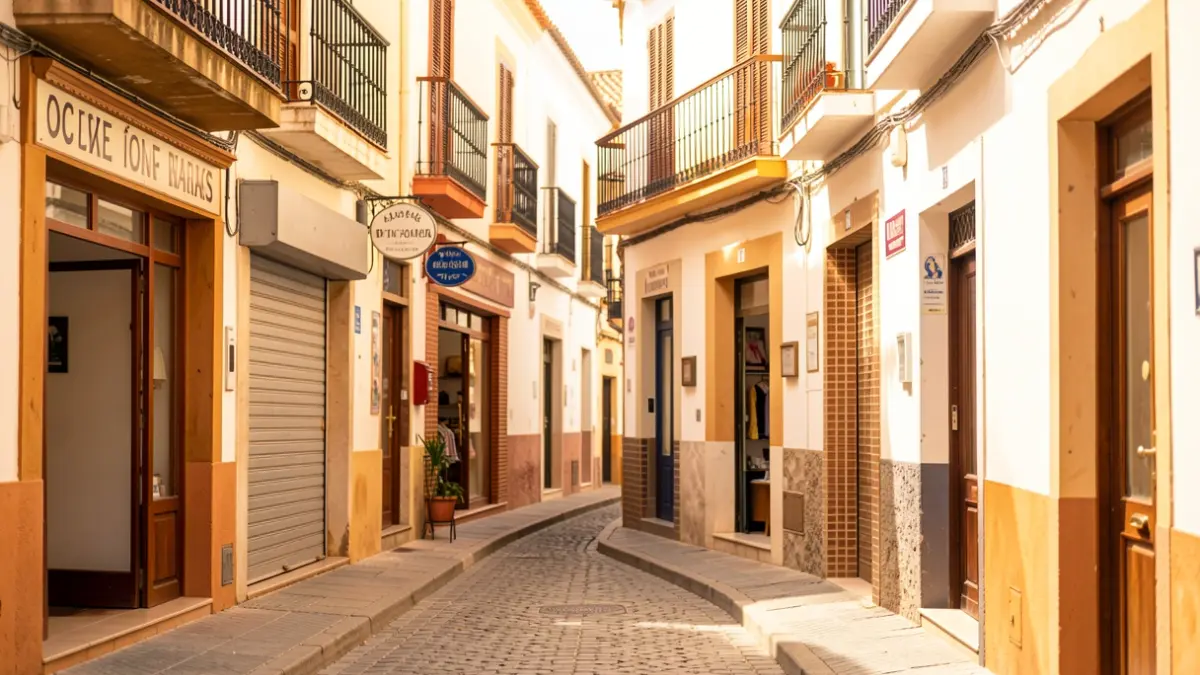 Generic image of commercial streets in Andalusia with shops open and closed.