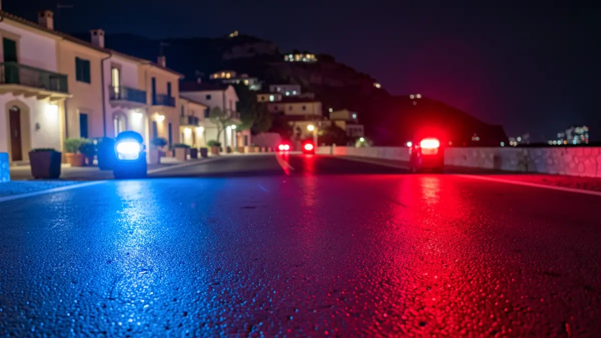 Imagen genérica de luces de emergencia policiales reflejándose en el asfalto mojado por la noche.