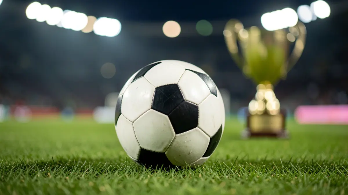 Generic image of a soccer ball on grass with stadium lights in the background.